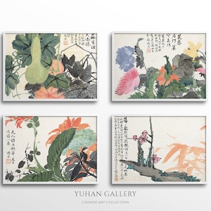 Botanical Set of 4 Posters, Vintage Chinese Painting Art, Gallery Wall Art Print, Download PRINTABLE Art, YuhanGallery©