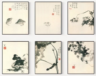 Bada Shanren Chinese Art Print Set, Vintage Ink Painting (Digital Download)