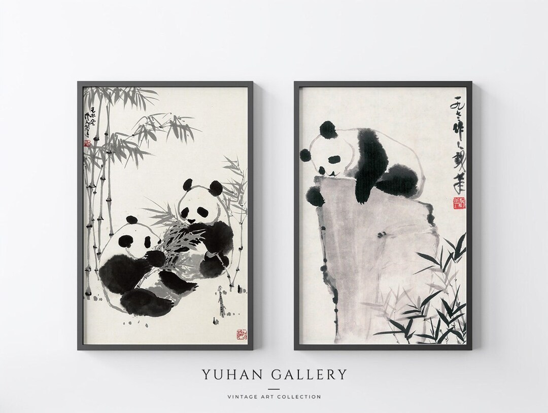 Panda Ink Art Print Set: Vintage Chinese Gallery Wall Decor (digital ...