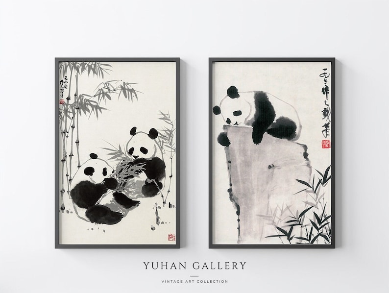 Panda Ink Art Print Set: Vintage Chinese Gallery Wall Decor (digital ...