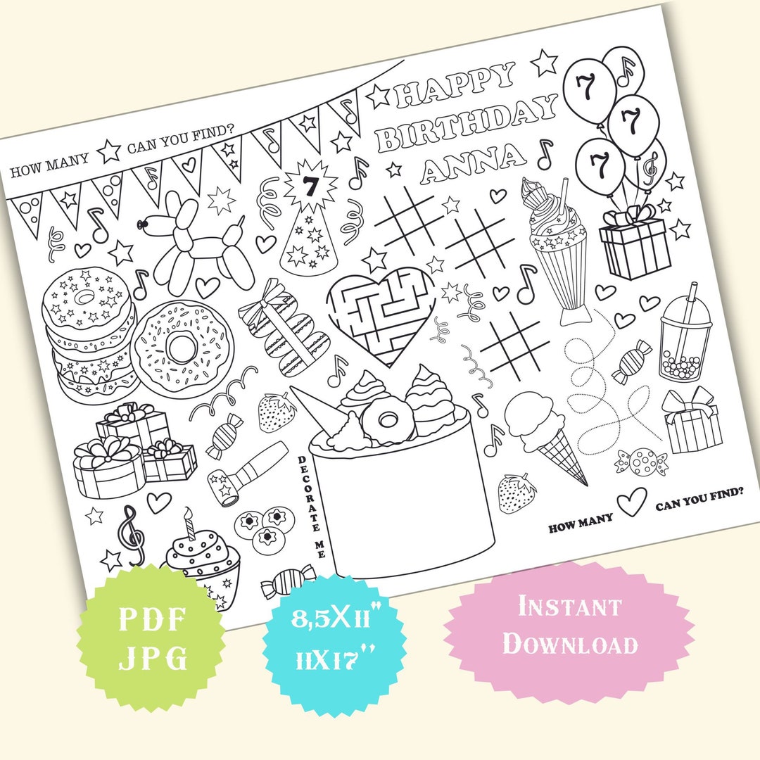 Birthday Cake Donuts Coloring Placemat Printable Birthday Sleepover Spa ...