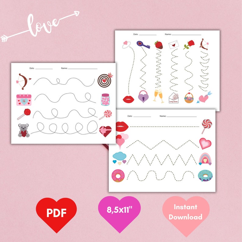 Valentine's Day Hearts Tracing Worksheet Counting Mats Math Bundle