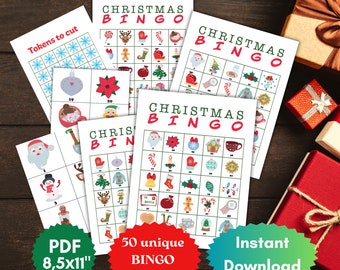 Juego de bingo navideño, Juego familiar navideño para niños y adultos 50 cartones de bingo únicos imprimibles, juego de bingo para la fiesta de Navidad Descarga instantánea en PDF