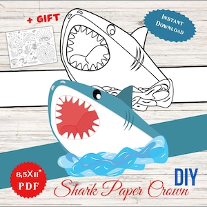 Great White Shark Coloring Paper Craft Printable Crown Shark Hat for Kids Ocean Animal Preschool Coloring Printable Template Halloween DIY