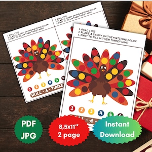 Roll A Türkei Kinderspiel, Thanksgiving Familie Tischspiel, Thanksgiving Party, Spiele für Kinder Erwachsene, Printable, Sofortiger Download PDF