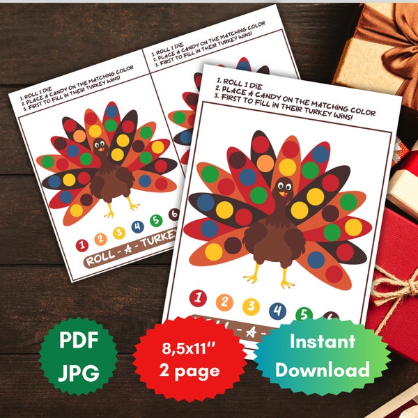 Roll A Turkey kids game, Thanksgiving family Table Game, Thanksgiving Party, Games for kids adults, Printable, Instant download PDF