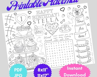 Personalised Tea Party Birthday Activity Coloring Page Backing party Placemat, First Birthday Party Party favors, Printable digital PDF file