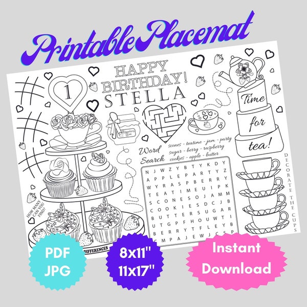 Personalised Tea Party Birthday Activity Coloring Page Backing party Placemat, First Birthday Party Party favors, Printable digital PDF file