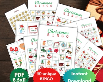 Fun Christmas Bingo game, Family Game Kid's Activities 30 Unique Bingo Cards for Christmas Party Printable Gingerbread girl Instant download