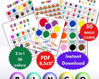 50 Color Bingo Cards Colors Learning Bingo game Preschool Printable game for kids Classroom Activity Color Flash Card Montessori Educational