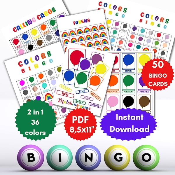 50 Tarjetas de Bingo de Colores Colores Aprendizaje Juego de Bingo Preescolar Juego imprimible para niños Actividad en el aula Color Flash Card Montessori Educativo