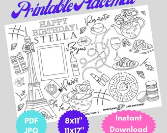 Personalised Paris Eiffel tower Party Birthday Activity Coloring Page Placemat  Teen Party favors, Printablele digital PDF Adventure Travel