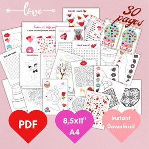 Paquete de 30 hojas de juegos de actividades imprimibles para niños, Roll a heart, Word search, Veo, veo Scavenge Hunt Cards, Craft Preschool, Party Classroom games