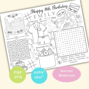 Pancakes and Pajamas Coloring Placemat Printable BirthdaySleepover Spa party  Activity Page Cake Teen Girls PJ Custom Games Maze Word search