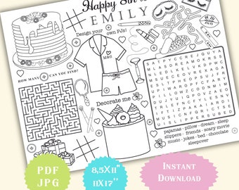 Pancakes and Pajamas Coloring Placemat Printable BirthdaySleepover Spa party  Activity Page Cake Teen Girls PJ Custom Games Maze Word search