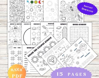 Space Activity Coloring Pages for Kids Birthday Party Idea Classroom Worksheet Preschoolers Learning Solar Eclipse Tracing Practice Shapes