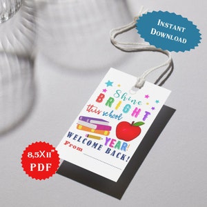 Schijn dit schooljaar helder Terug naar school Cadeaukaartje Docentsjabloon Apple gunsten tag, verjaardag jongensfeest, afdrukbaar, bedankje cadeaukaartje