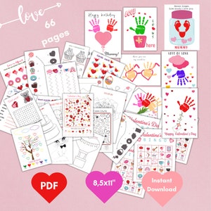 Bingo del día de San Valentín, Arte de recuerdo de huellas de manos, Paquete de hojas de actividades imprimibles para niños, Paquete de actividades para colorear, Preescolar, Juegos de aula de fiesta imagen 1