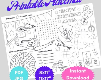 Personalised Gymnastics party Placemat, First Birthday Party, Gym Activity Coloring Page, Party favors, Any age Printable digital PDF file