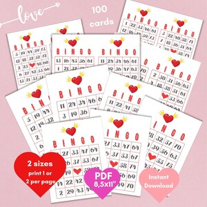 100 cartones de bingo, juego de bingo del Día de San Valentín, juego de bodas para niños, fiesta de actividades para adultos del juego de despedida de soltera, imprimible, actividad en el aula