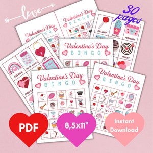 Divertido jogo de bingo para o Dia dos Namorados, jogo para família, atividades para crianças e adultos, 30 cartões de bingo exclusivos para festa, para impressão, atividades em sala de aula