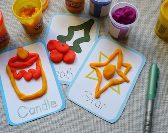 24  Playdough flash cards Winter Preschool Printables Play Dough Mats, Christmas Activity, Holiday Fun Montessori Fine Motor Skills for Kids