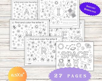 Alphabet Hunt Find the Letters Coloring Worksheet Space Learning Dyslexia Activity Page Kids  Classroom Preschoolers Kindergarten Playdough