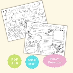 Actividad del Día de la Madre Página para colorear Mantel individual sobre mamá Regalo imprimible para mamá del niño Juegos del Día de la Madre Actividad escolar Descarga instantánea