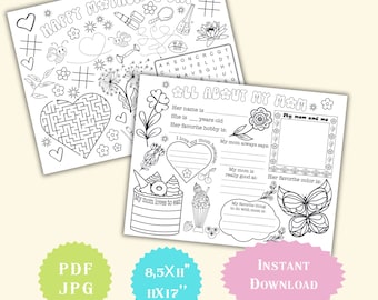 Mother's Day Activity Coloring Page Placemat About Mom Printable Gift For Mom From Kid Mother’s Day Games School Activity  Instant Download