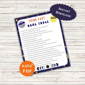 Solar Eclipse Games Think Fast Name three April 8, 2024 Classroom Activity Teen Birthday Space Family Kids Adults School Party Ideas Gift