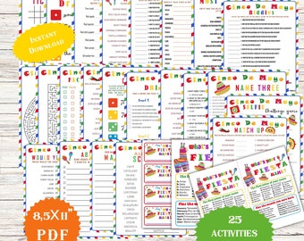 Cinco De Mayo Games Adults Kids Office School Mexican Party Fiesta Taco Tuesday BundleActivities for Kids Classroom Worksheet Birthday Party