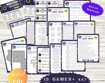 Solar Eclipse Game Bundle Activities for Kids Teens Adult Birthday Party Idea Word search April 8th 2024 Classroom Worksheet Whats your name