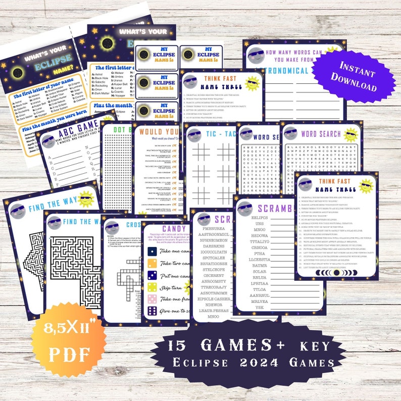 Solar Eclipse Game Bundle Activities for Kids Teens Adult Birthday Party Idea Word search April 8th 2024 Classroom Worksheet Whats your name image 1