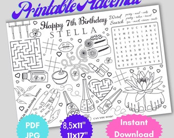 Personalised Spa party Activity Coloring Page, Manicure Placemat, First Birthday Party Party favors, Any age Printable digital Customizable