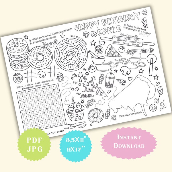 Pancakes and Donuts Coloring Placemat Printable Birthday Sleepover Spa party  Activity Page Cake Teen Girls PJ Custom Games Maze Word search