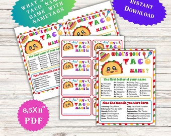 What's Your Taco Name Game Cinco De Mayo Mexican Classroom activity Nametags Teen Birthday Family Kids Adult Classroom Activities School