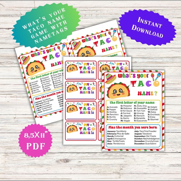 What's Your Taco Name Game Cinco De Mayo Mexican Classroom activity Nametags Teen Birthday Family Kids Adult Classroom Activities School