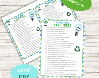 Think Fast Name three Earth Day Game Classroom Activities Teen Birthday Family Kids Adult Senior School Party Idea Decor Spring Worksheet