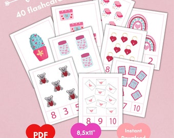 Valentine's Day Hearts Count and Clip Flash Cards, Preschool Montessori Printable, Preschool Math, Counting Mats Math Practice Toddler Kids