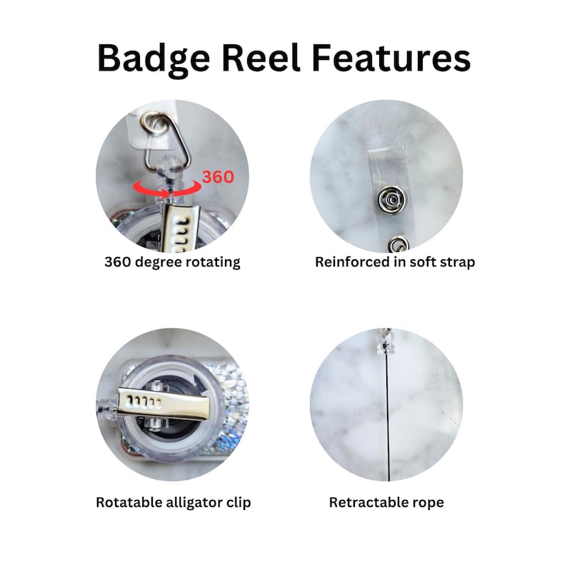 Op de afbeelding: Een zilveren badge reel met een intrekbaar touw, een draaibare alligatorclip en een 360 graden draaiende badgehouder. De reel is bevestigd aan een doorzichtige band met versterkte metalen lussen.