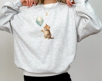 Vintage Kitten Holding Balloon Sweatshirt, Vintage Kitty Sweater, Classic Cat Sweater, Classic Kitten Sweatshirt, Cottagecore Kitten Sweater