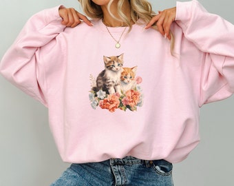 vintage cat × fish × flower sweat Vintage 90s Cats Floral White Sweatshirt Size Medium Floral