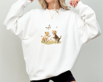 Vintage Kittens Playing With Butterflies Sweater, Vintage Kittens Sweatshirt, Trendy Cat Sweatshirt, Coquette Kitten Sweater, Funny Cat Crew