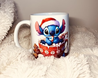 Taza Stitch Navidad, taza de dibujos animados, taza de Lilo y Stitch, taza navideña, Feliz Navidad, Taza bonita, regalo Navidad original