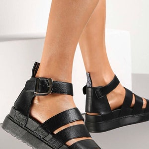 Ladies stunning very popular black gladiator faux leather sandals with chunky wedge heel in all sizes BNIB