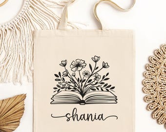 Personalized Floral Book Tote, Bookworm Gift, Custom Book Lover Tote Bag, Librarian Gift, Aesthetic Book Gift, Bookish Tote Bag, Library Bag