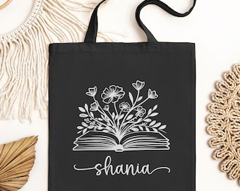 Personalized Floral Book Tote, Bookworm Gift, Custom Book Lover Tote Bag, Librarian Gift, Aesthetic Book Gift, Bookish Tote Bag, Library Bag