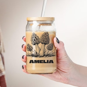 Personalized Foraging Glass Tumbler, Custom Forager Gift, Morel Mushroom Lover Glass Can, Mushroom Hunter Cup, Fungi Enthusiast Mycology Mug