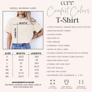 May include: Ivory Comfort Colors T-shirt with size chart. The shirt is made of ethically grown ring-spun cotton, medium weight fabric, and has a relaxed fit. Measurements in inches are provided for sizes S to 4XL, with widths ranging from 18.25 to 29.75 inches.