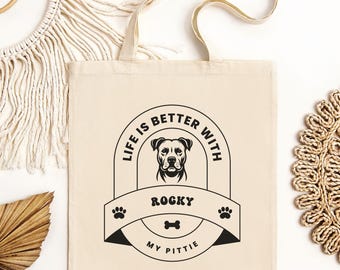 Personalized Pittie Dog Tote Bag, Doggie Bag, Dog Name Bag, New Pitbull Mama Gift, Puppy Toy Tote, Dog Park, Pet Gift, Pet Name Gift